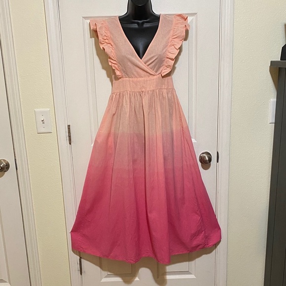Blue Rain Linen Blend Pink Ombre Ruffle Sleeve Dress Small - Picture 1 of 9